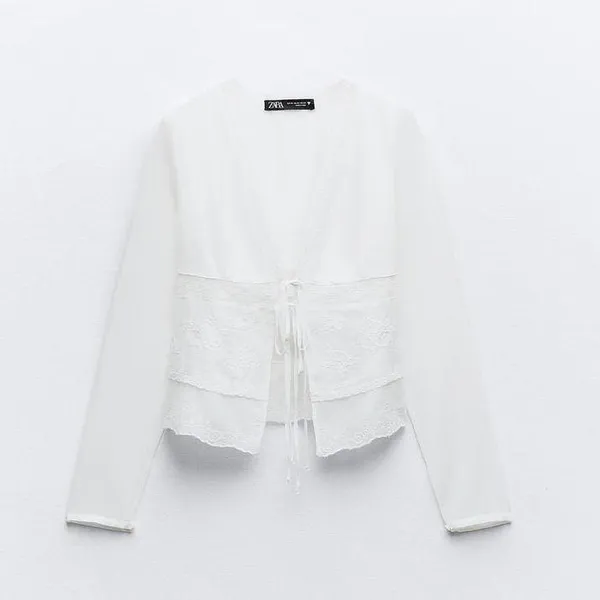 ZARA NWT White EMBROIDERED TIED SHIRT. Size Large - Image 9