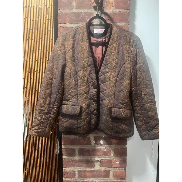 Vintage 80s Paisley Quilted Jacket Velvet Trim Dark Academia M - Image 4