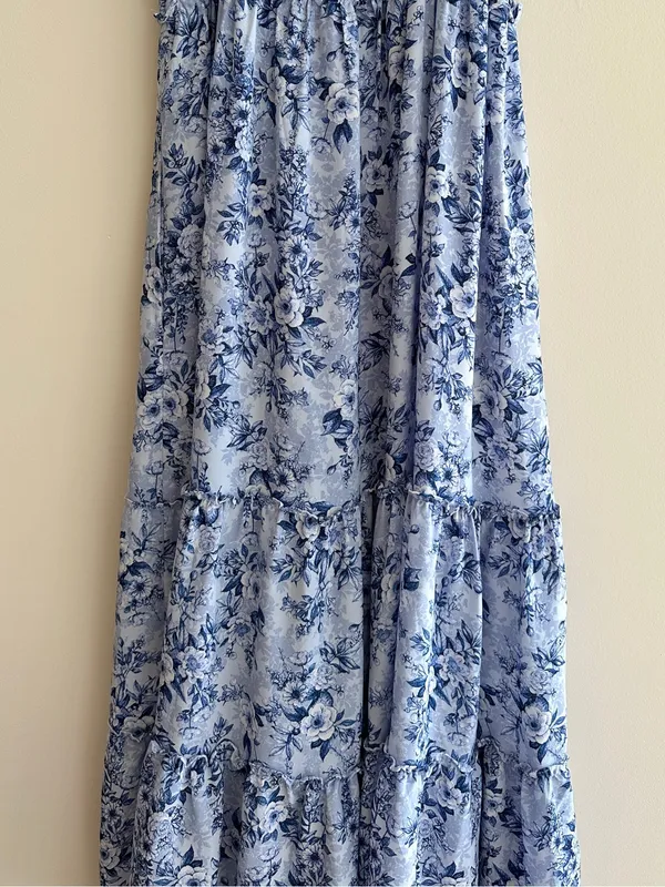 Max Studio Ruffle Cap Sleeve Tiered Maxi Dress, Light Blue Floral, Size Small - Image 13