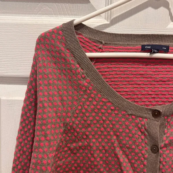 Gap Womens Pink Brown Polka Dot Cotton 3/4 Sleeve Cardigan Sweater Large Y2K - Image 2