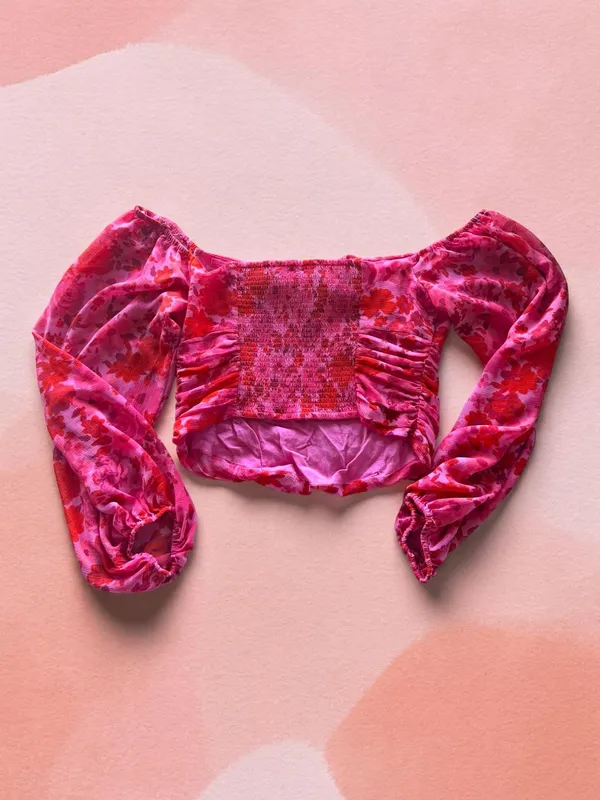Free People Oh‎ Lala Pink Floral Off-The-Shoulder Ruched Crop Top, Size XS - Image 2