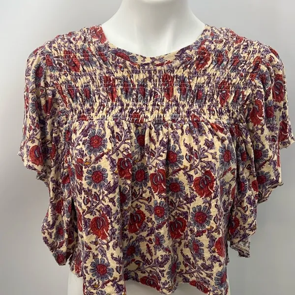 Free People small floral boho flutter sleeve linen cotton cropped top - Image 4