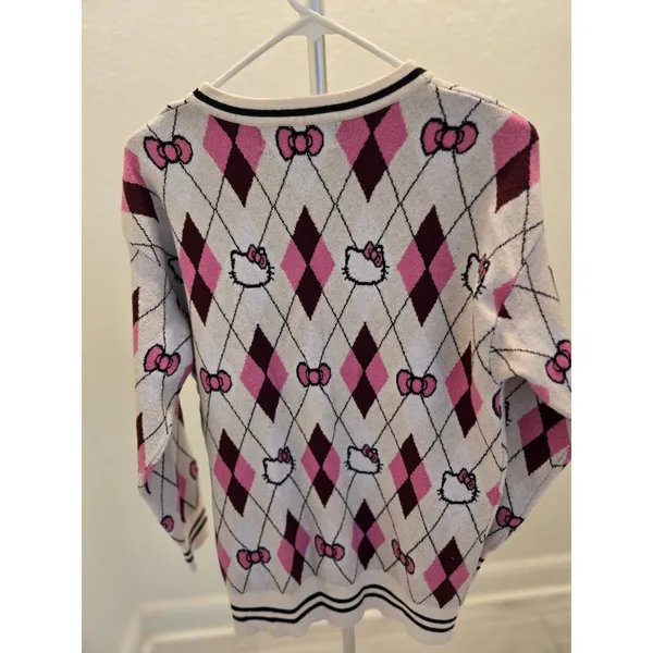 Hello Kitty Forever 21 Argyle Cardigan Sweater Womens Size Small Pink Sanrio - Image 3
