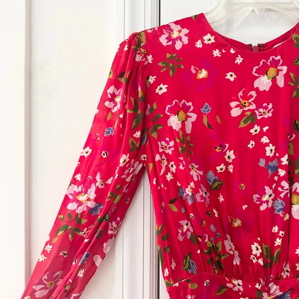Sau Lee Red Floral Print Ruched Skirt Long Sleeve Fitted Sheath Mini Dress 2 - Image 5