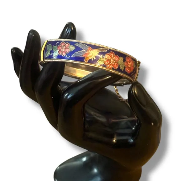 Vintage birds and flowers cloisonné hinged bangle bracelet - Image 2