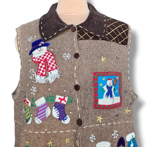 Vintage Christmas Sweater Vest XL Snowman Applique Wool Holiday Novelty Knit - Image 5