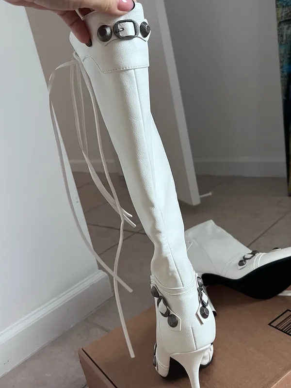 White Knee High Stiletto Boots | Y2K Moto Buckle Pointed Toe Cyber Glam Size 40 - Image 5