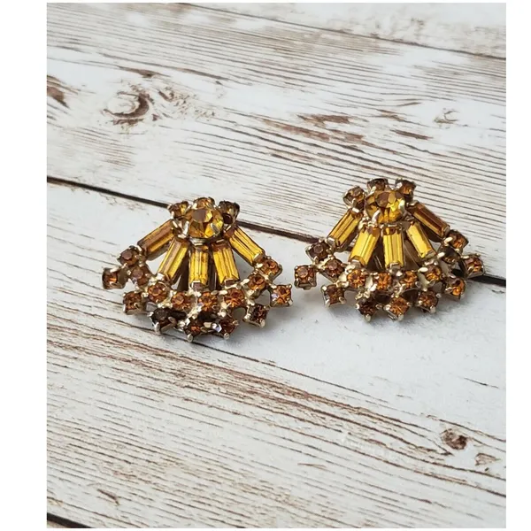 Vintage Clip On Earrings Orange & Amber Tone Gems Fan Shape Statement Earrings - Image 2