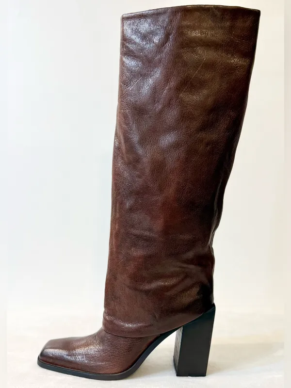NWT Emauele Crasto Leather Fold Over High Shaft Boots in Brown Size 39 - Image 2