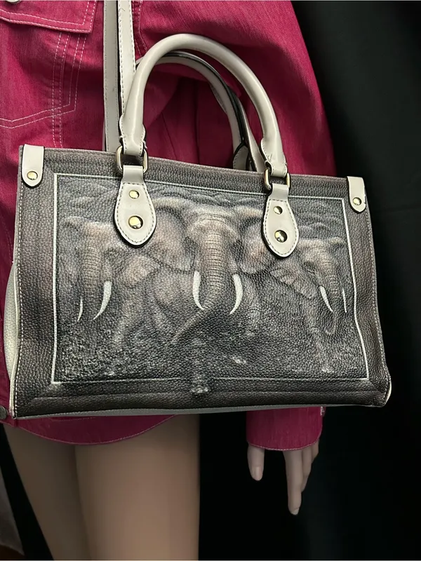 BFlairs Women’s Handbag with Elephant Print Gray & Cream - Image 3