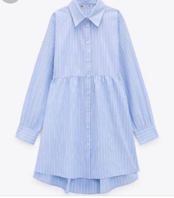 ZARA Blue Cotton Striped Long Sleeved Mini Shirt Dress S - Image 3