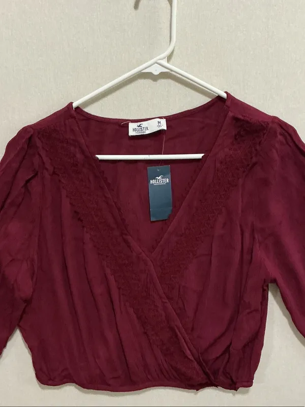 Hollister Women's Deep Burgundy Wrap-Style Blouse - Image 3