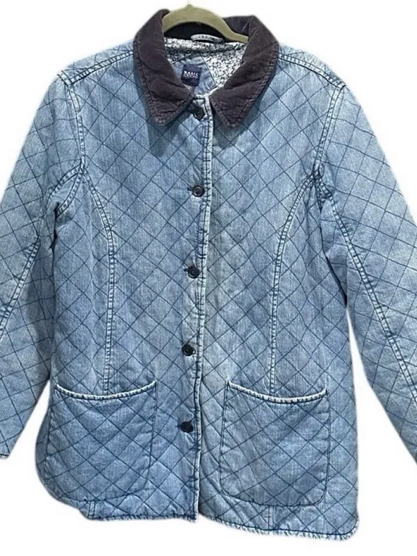 Vintage Quilted Denim Barn Jacket Navy Corduroy Collar Oversized - Image 3