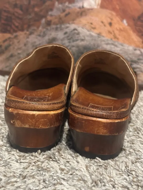 Frye Brown Distressed Leather Studded Clogs with Ring Strap - Image 7