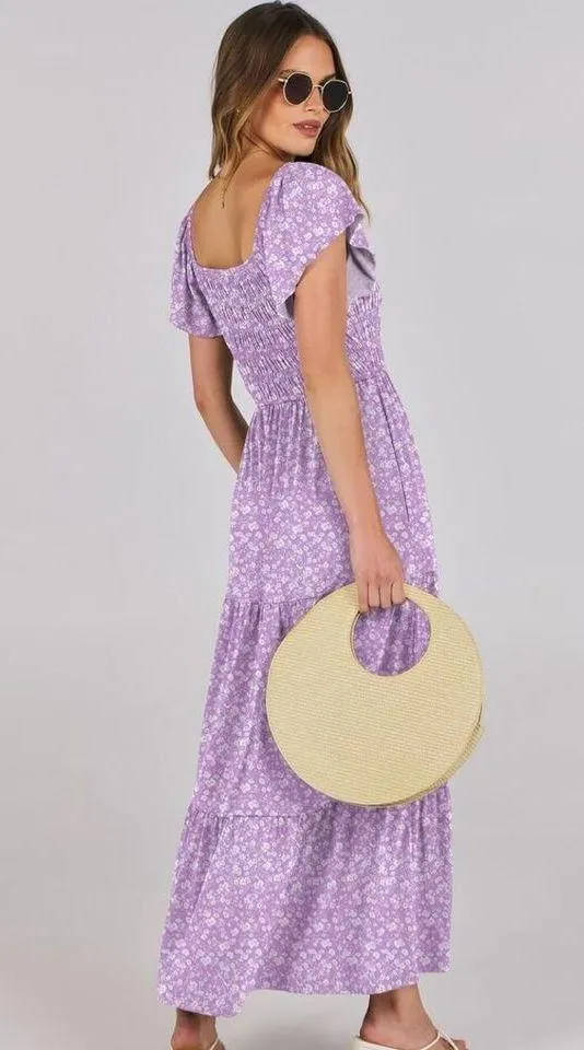 NEW Flutter Sleeve Scoop Neck Smocked Tiered A Line Flowy Maxi dress S - Image 2