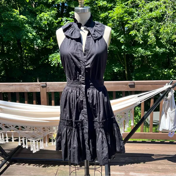 Anthropologie Black V-Neck Belted Halter Mini Dress Size Small - Image 4