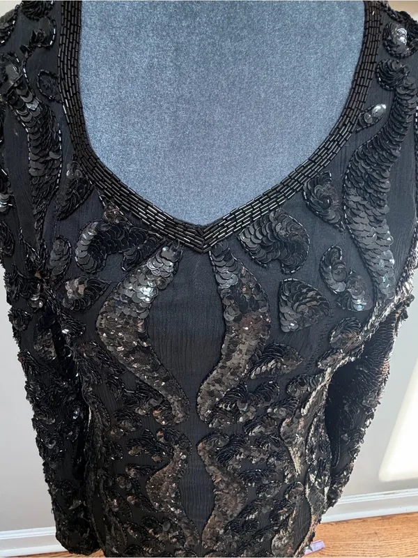 Vintage silk long sleeve black fully beaded dress gown cocktail party elegant - Image 3