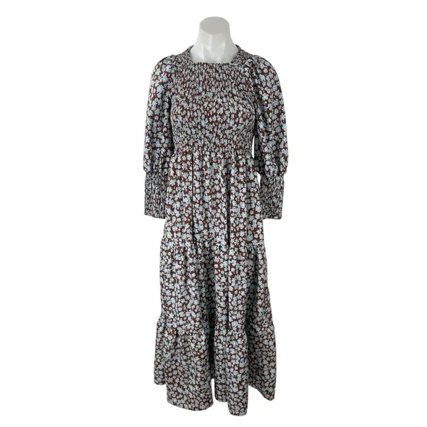 Zoya Brown Floral Shirred Long Balloon Sleeve Smocked Tiered A Line Maxi Dress 2 - Image 4