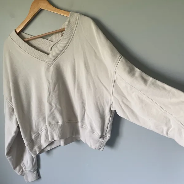 Aerie Cropped V-Neck Sweatshirt Off the Shoulder Cotton Blend Beige Size Medium - Image 3