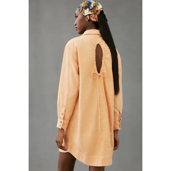 Anthropologie Pilcro Orange Long Sleeve Button Down Shirt Dress Cutout Back Womens Size Med - Image 2