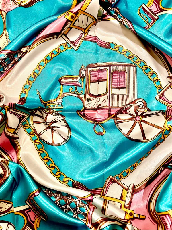 VTG Royal Regal Carriage Print turquoise/PINK oversized square Silky Scarf 35/35 - Image 9