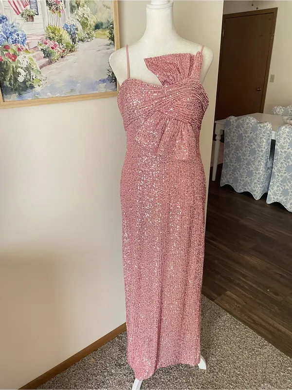 IEENA for Mac Duggal Sequined Twist Front Bow Column Gown Dress Pink Rose US 8 - Image 4