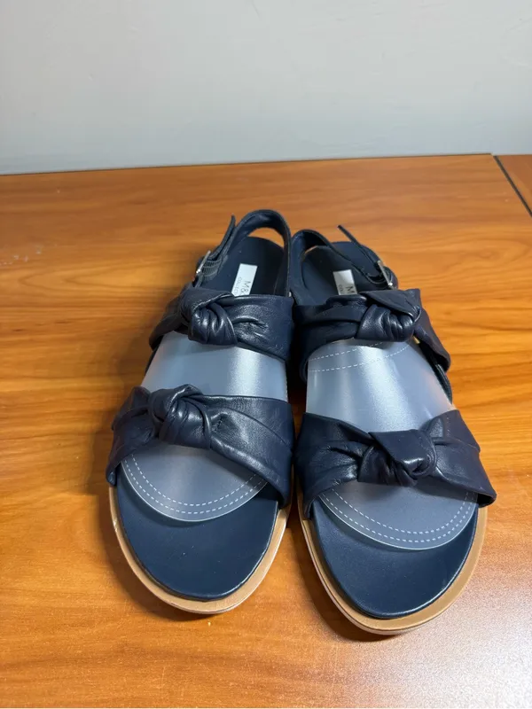 Marks‎ & Spencer Wide Fit Navy Blue Leather Sandals Twist Slingback Flat Comfort - Image 2