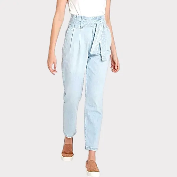 a new day Paperbag High Waist Tapered Jeans With Belt Light Blue Wash Sz 12 - Image 3