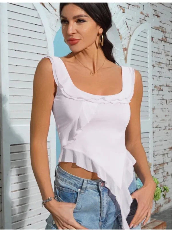 NEW Strap Y2k Ruffle Bandeau Cropped Top Camisole Shirt Tank L - Image 5