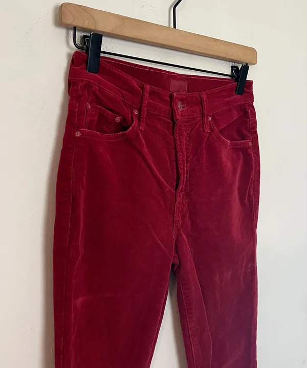 MOTHER- Insider Crop Step Fray Hopscotch Red Corduroy Pants Raw Hem - Image 3