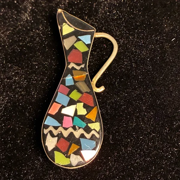 Modernist Sterling Silver Mosaic Inlay Jug Pitcher Pin Brooch Pendant - Image 2