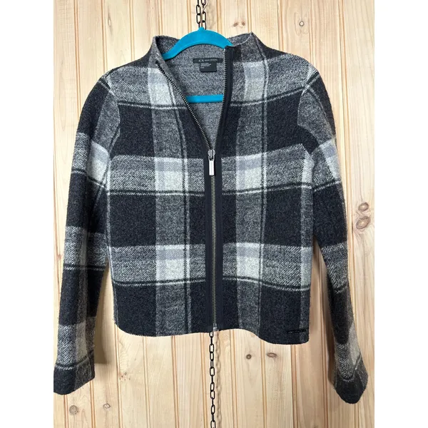 Armani Exchange 100% Wool Black Plaid Full Zip Jacket Cabincore Womens Sz S - Image 2