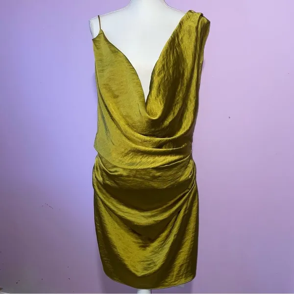 PRETTY LITTLE THING x Naomi Campbell Chartreuse Satin Extreme Cowl Bodycon Dress - Image 3