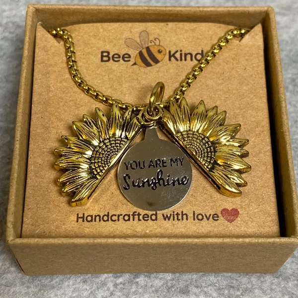 Bee Kind Sunflower‎ Locket Necklace Women Goldtone You Are My Sunshine NIB Gift - Image 4
