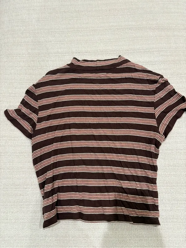 American Eagle Outfitters Brown & Pink Striped Ribbed Crop Top - Image 3