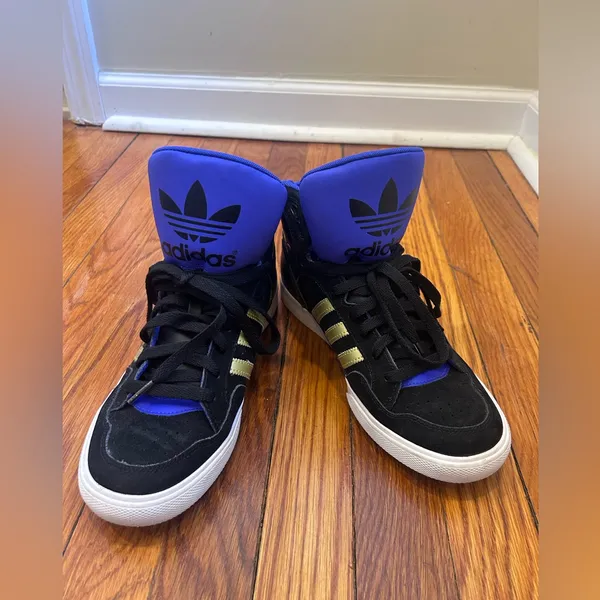 adidas Purple & Black High-Top Sneakers with Gold Stripes - Image 9