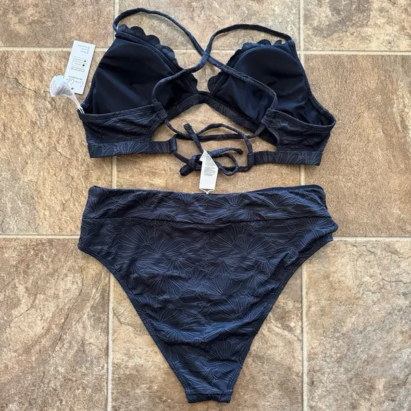 Cupshe Black Floral Jacquard Scalloped Bralette & High Waist Bikini Set Large - Image 5