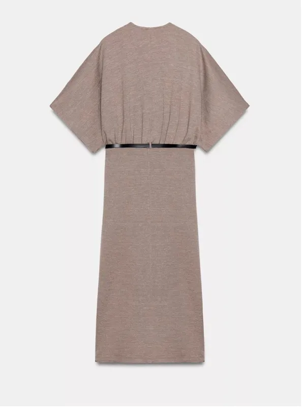 Zara Taupe Kimono-Sleeve Midi Dress with Black Belt - Image 2