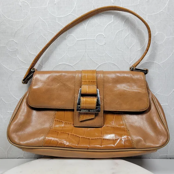 VTG Franco Sarto Y2K Leather Shoulder Bag Tan Alligator Trim Baguette Purse - Image 11