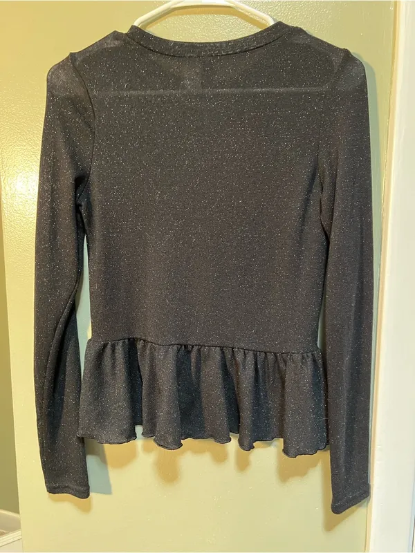 Divided Women's Size Small Peplum Top Black Sparkle Ribbed Long Sleeve Stretch - Image 6