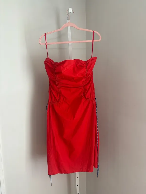 Staud Romina Dress Strapless Ruched Tomato Red Midi Dress Women’s Size 12 - Image 3