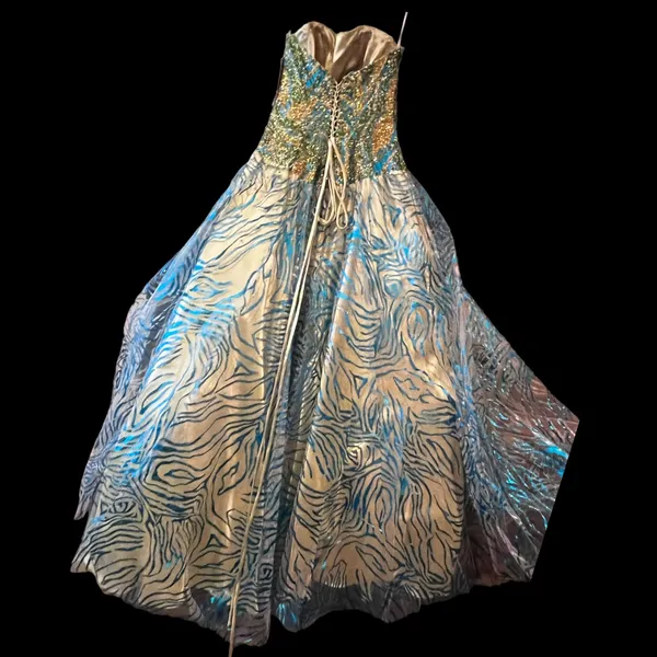 NWT Studio 17 House of Wu Lime Turquoise Gold Strapless Gown 8 - Image 9