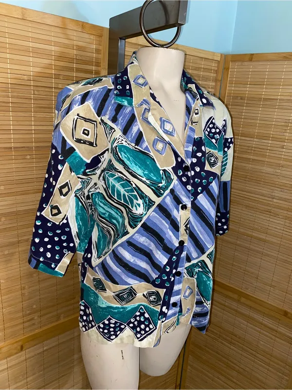 Cabrais woman’s vintage 90s short sleeve button down shirt blouse abstract blue - Image 2