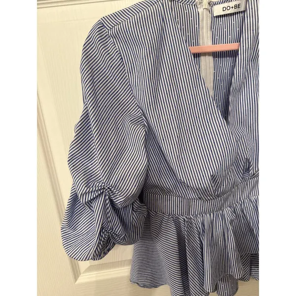 DO+BE Blue/White Boutique Pinstripe Ruffled Sleeve Plunge Top, S - Image 3