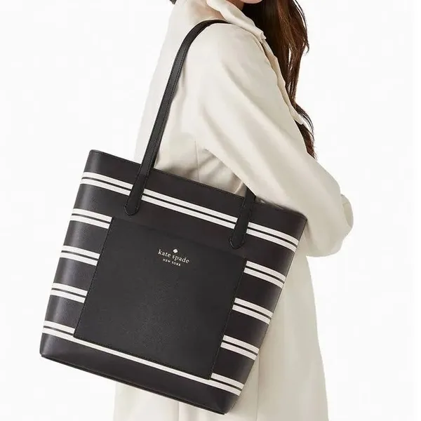 NEW Kate Spade New York Black Crisp Stripe Saffiano Daily Shoulder Tote Bag - Image 2