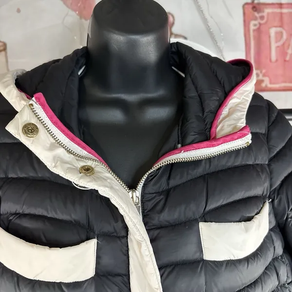 Kate Spade New York Quilted Puffer Jacket Ivory Black Trim Pearl Buttons XSMALL - Image 8