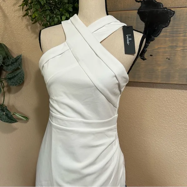 Lulus NWT Headed to Cocktail Hour White Halter Tulip Mini Dress - Image 4