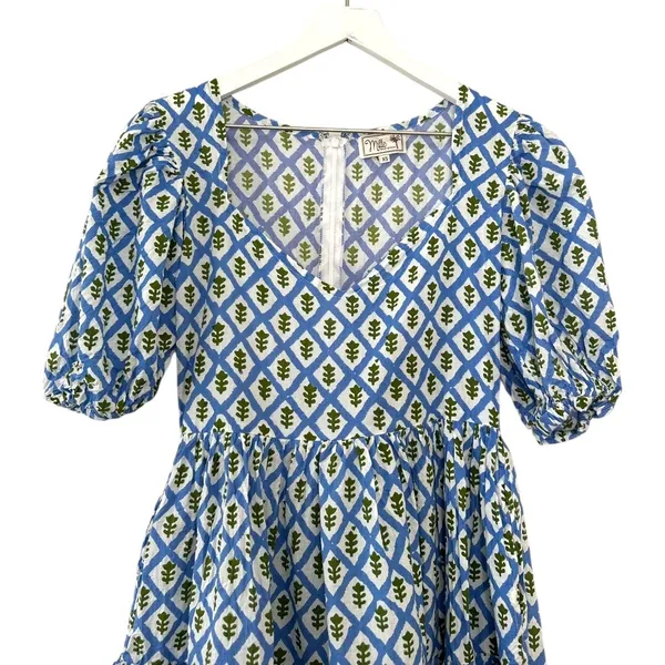 Mille Aneli Blue & Green Block Print Puff Sleeve Mini Dress Size XS - Image 5