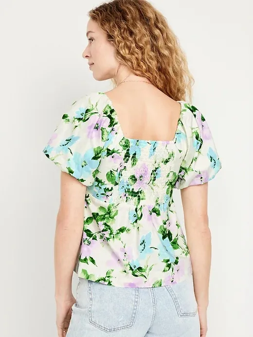 Old Navy White Floral Puff-Sleeve Square Neck Top - Blue & Green - Image 2