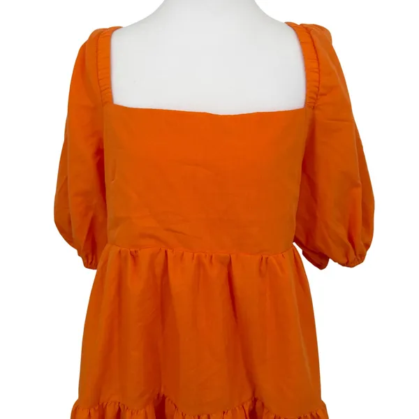 OWNGIGI Mini Dress Women XL Orange Excellent Tiered Puff Sleeve Tie Back Cotton - Image 2